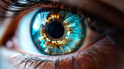 close up view of human eye in darkness with data illustration, robotic concept. AI generated