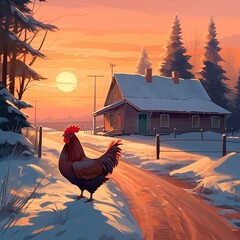 A rooster woke up early in winter to make his cock a-doodle-doo, or to crow. Village, rustic, rural landscape in winter. Sunset in countryside. A cock on the country road. Cartoon cockerel - obrazy, fototapety, plakaty