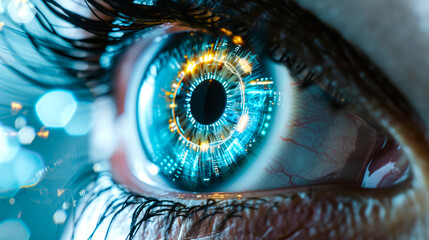 close up view of human eye in darkness with data illustration, robotic concept. AI generated
