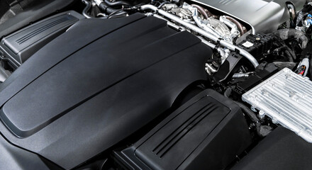 Car gasoline engine. Car engine part. Close-up image of an internal combustion engine. Engine...