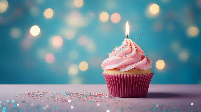 Delicious holiday cupcake with a candle on the table on a light background with space for text and confetti