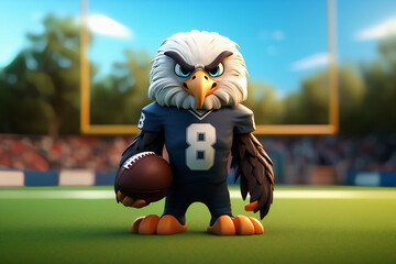 Cartoon character bald eagle American football player. Generative AI image.