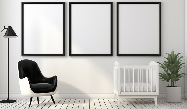 Realistic modern baby room, white with wall, black empty black frame