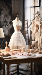 image of fashion designer haute couture table and various sketches on paper with white dress on miniature mannequin
