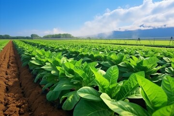 An agricultural landscape showing a modern irrigation system in operation over lush tobacco crops