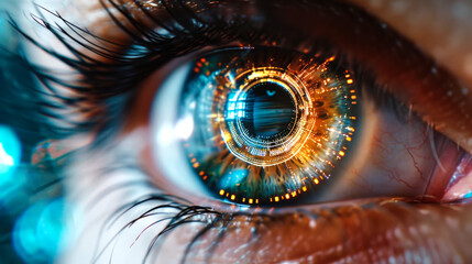 close up view of human eye in darkness with data illustration, robotic concept. AI generated