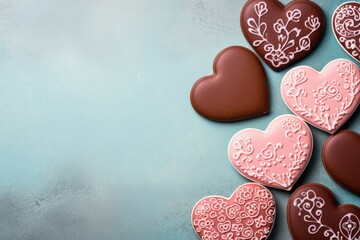 Obraz premium Homemade valentine cookies on pastel blue background with copy space. Gingerbread hearts for Valentine's day. Sugar glazed cookies. Present for holiday, birthday, woman's day. Greeting card or banner