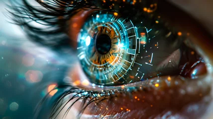 Foto op Plexiglas close up view of human eye in darkness with data illustration, robotic concept. AI generated © millenius
