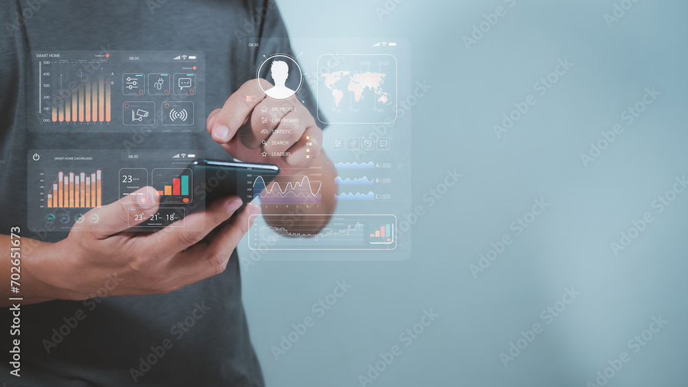 Poster human pointing fingers to use smart applications, smart home concept, smart home automation control 
