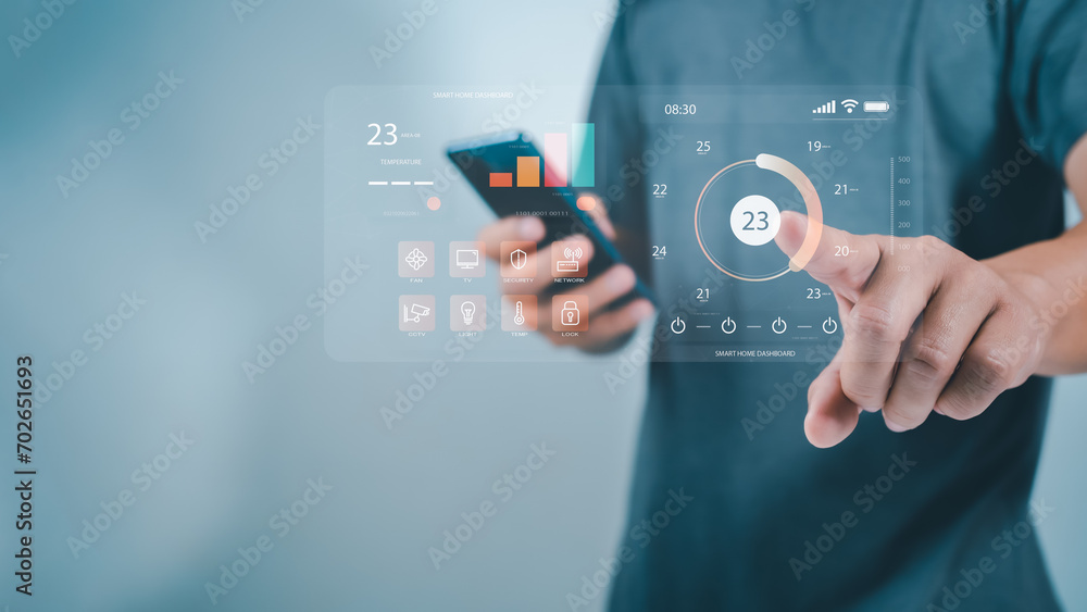Poster human pointing fingers to use smart applications, smart home concept, smart home automation control 