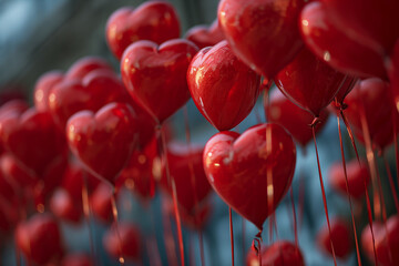 heart-shaped red balloons outdoor as valentine's or wedding decoration. Image for valentine's day, wedding, birthday or love message cards.