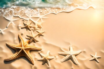 Fototapeta na wymiar Tropical beach with sea star on sand, summer holiday background. Travel and beach vacation, free space for text.
