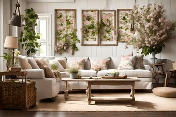 A country-style living room with an empty frame, emphasizing a cozy sofa, wooden coffee table, and floral accents.