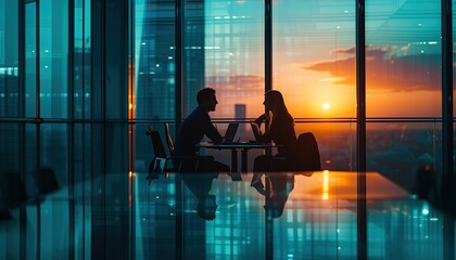 Business People in a Board Room Meeting Early Morning Silhoutte