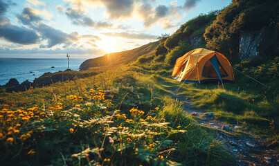 Solitary Tent on a Lush Green Meadow by the Seaside at Sunset, Offering a Peaceful and Scenic Escape into Nature's Serenity and Camping Adventure - obrazy, fototapety, plakaty
