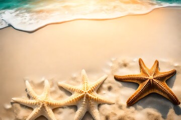 Fototapeta na wymiar Tropical beach with sea star on sand, summer holiday background. Travel and beach vacation, free space for text.