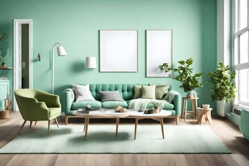 Fototapeta premium A cozy living room featuring a blank frame on a mint green wall, complemented by simple and modern furniture in bright, solid hues.