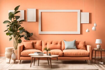 A simple and elegant living room design, with a blank frame on a peach-colored wall, showcasing modern furniture in bold and cheerful colors.