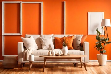 An empty white picture frame hanging on a vibrant orange wall in a simple yet stylish living room setup.