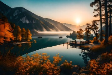 A wonderful view of the lake at sunrise. Shiin mountain lake in camping and picnic area. Spring season nature background