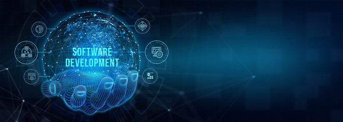 Inscription Software Development on the virtual display. Business, modern technology, internet and networking concept. 3d illustration