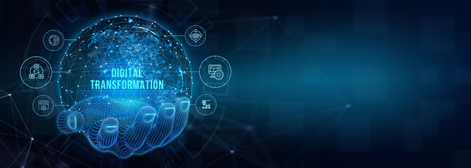 Concept of digitization of business processes and modern technology. Digital transformation. 3d illustration