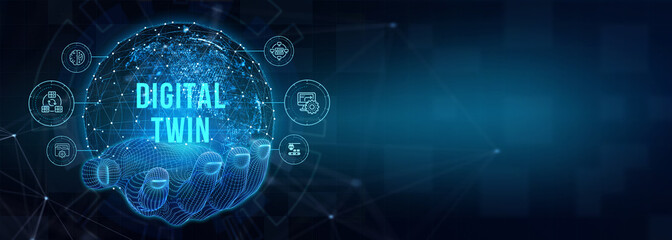 Digital twin industrial technology and manufacturing automation technology. 3d illustration