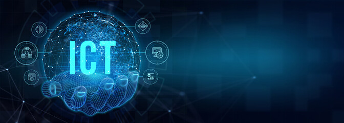 ICT Information communication technology internet concept on virtual screen. 3d illustration