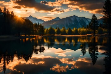 Sunset by the small lake. Reflexion of trees and mountain in the water. Natural elements in the foreground