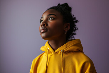 Obraz premium African American serious teenage girl wearing hoodie on purple background