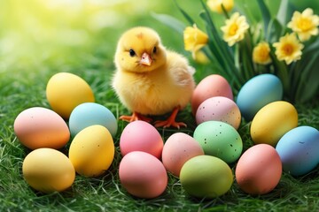 Colorful decorated Easter eggs and a cute yellow chicken  with spring flowers