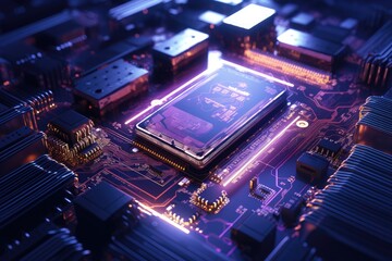 A computer processor is shown in this image, 3D rendering of a motherboard with light beams flowing along the circuits, AI Generated - obrazy, fototapety, plakaty