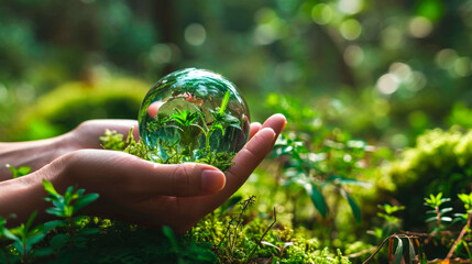 A young girl holds the planet Earth in her hands. Earth Day. World environment day. AI generated