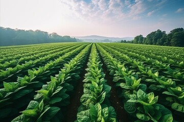 Drone perspective of the vast tobacco fields under the early morning sun, highlighting sustainable farming practices