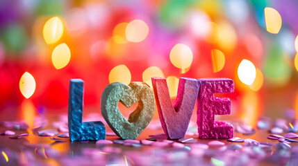 Gay rainbow colorful love word concept wedding romantic valentines day wallpaper with blurred abstract background