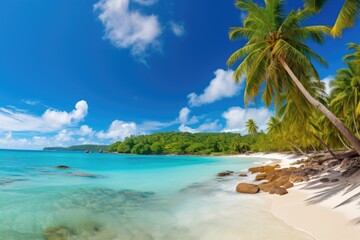A panoramic view of a tropical beach with turquoise waters and palm trees 