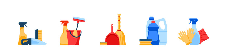 Cleaning icon set. Flat style.
