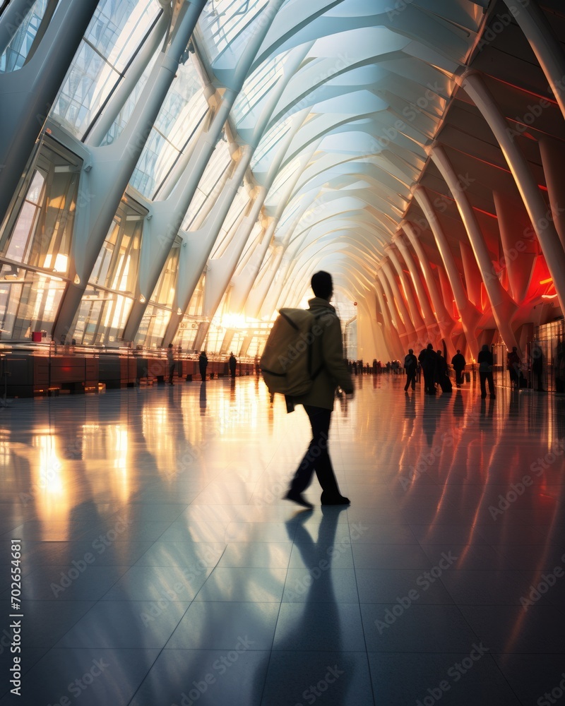 Poster A man is walking through an airport terminal. Generative AI.