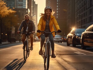 A couple of people riding bikes down a street. Generative AI.