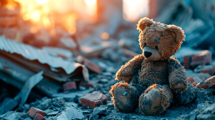A soft children's toy teddy bear lies on the ruins of a destroyed city. AI generated - obrazy, fototapety, plakaty