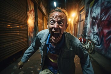 A man with his mouth open in a dark alley. Generative AI.