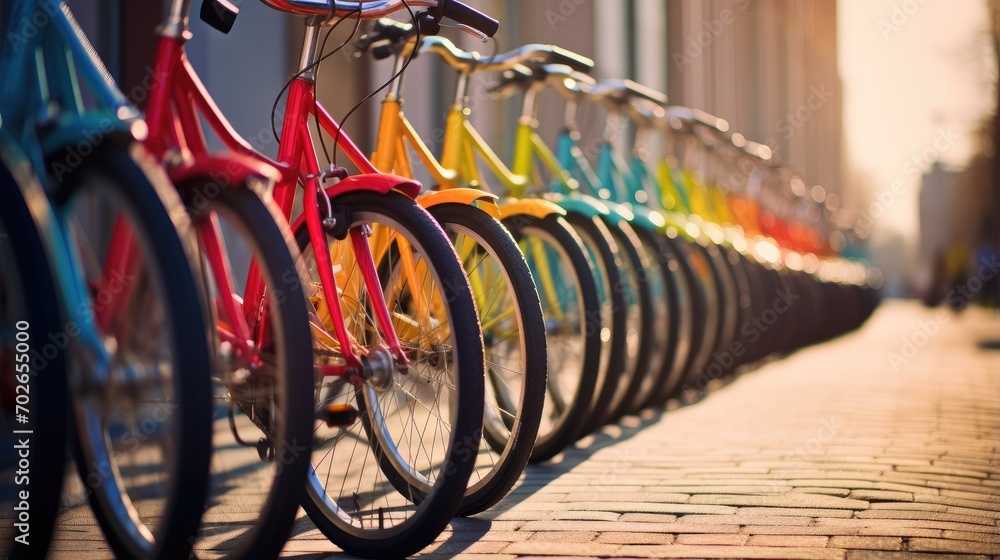 Poster a row of colorful bicycles parked next to each other. generative ai.