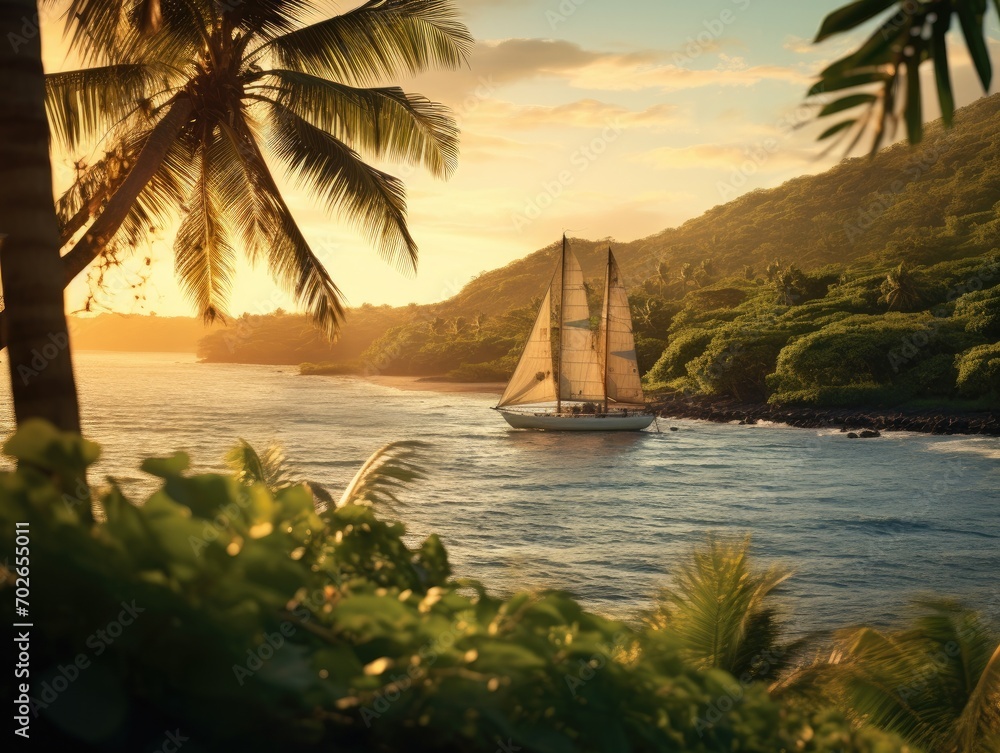 Aufkleber a sailboat in the ocean with palm trees in the background. generative ai.
