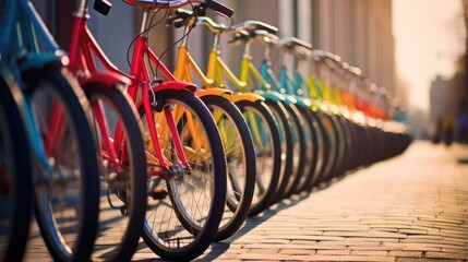 A row of colorful bicycles parked next to each other. Generative AI.