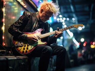 Obraz premium A man with blonde hair playing a guitar. Generative AI.