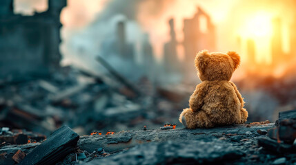 A soft children's toy teddy bear lies on the ruins of a destroyed city. AI generated - obrazy, fototapety, plakaty