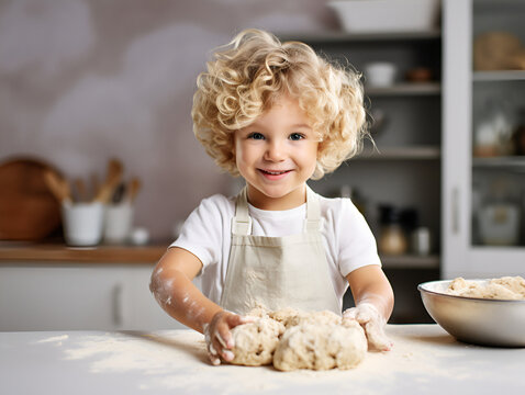 cute child with curly blonde hair in a home modern kitchen knead the dough