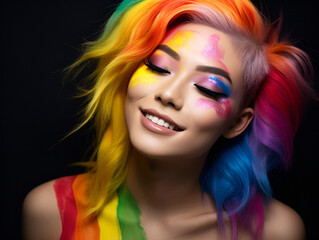 A girlish smile on a black background. The concept of Lgbtq
