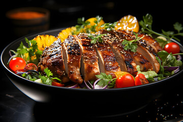 Grilled chicken salads, dramatic studio lighting and a shallow depth of field.  Placed on a reflective black surface.no.03