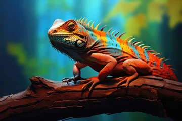 Foto op Canvas Beautiful green chameleon on turquoise blue background with tropical plants and leaves. Veiled colorful chameleon on branch. Reptile lizard in zoo terrarium. Exotic domestic pet concept.  © ratatosk